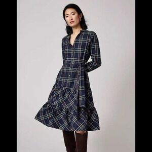 UNTUCKit Plaid Tiered Midi Dress Long Sleeve Belted Button Front Navy Multi Sz 4